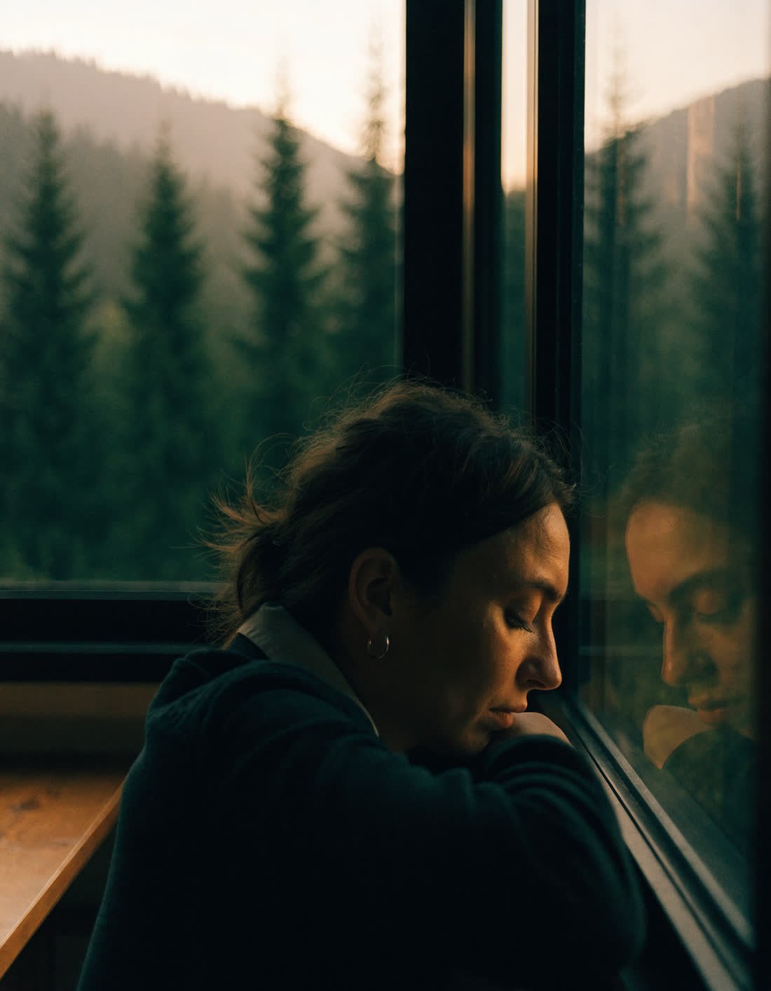 A traveller resting against a train window at dusk, tired but calm.