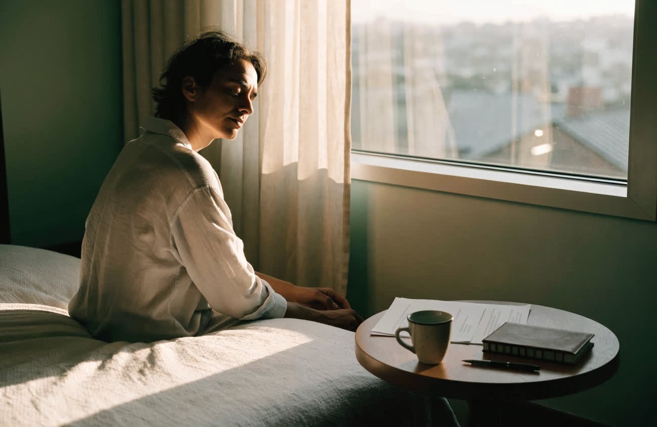 A rested traveller beside a bright hotel window at dawn, reference sheets and tea on the table.